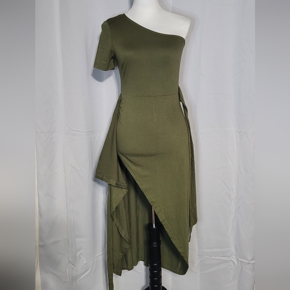 EXLURA Women's Green NWT One Shoulder Bodycon Midi Dress Size Small 🐈 - Picture 4 of 12